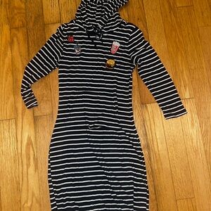 Iris Kids Casual hoodie Dress with Navy and White Stripes and fun patches